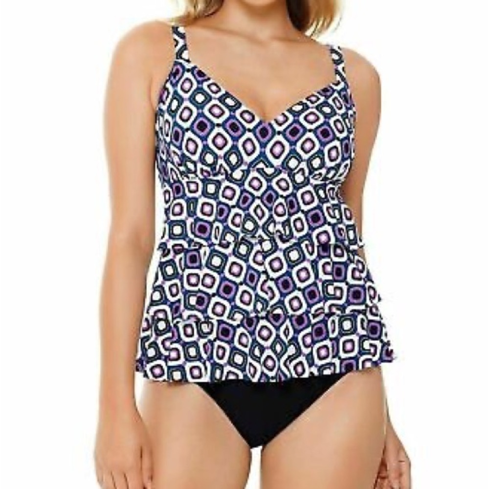NWT Swim Solutions Triple Tier Fauxkini Ruffled One Piece Swimsuit sz 12